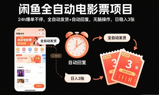 闲鱼全自动电影票项目，24h爆单不停，全自动发货+自动回复，无脑操作，日稳入3张【揭秘】