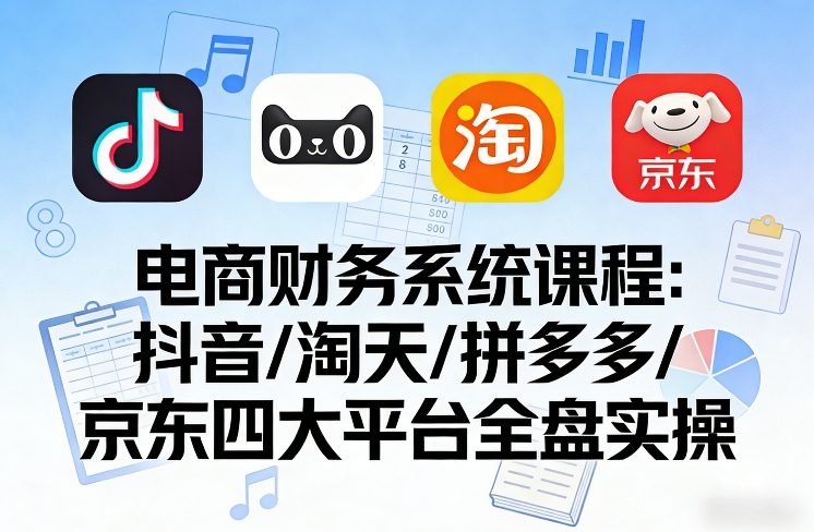 电商财务系统课程，覆盖抖音、淘天、拼多多、京东四大主流平台的全盘实操