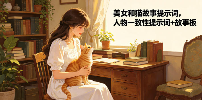 美女和猫故事提示词，人物一致性提示词+故事板
