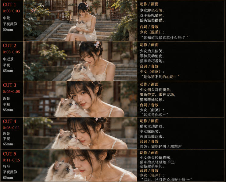 美女和猫故事提示词，人物一致性提示词+故事板